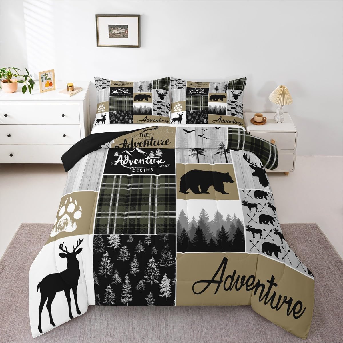 Hunting And Camping In Forest - Boerderij Land Beer Eland Dekbedovertrekset Queen